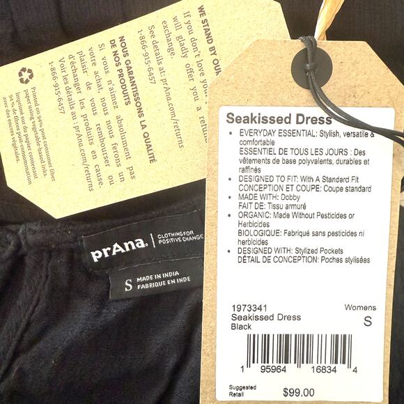 Prana Seakissed Dress Sleeveless Smoked Bodice Pockets - Black Size Small - $99 - Picture 4 of 10